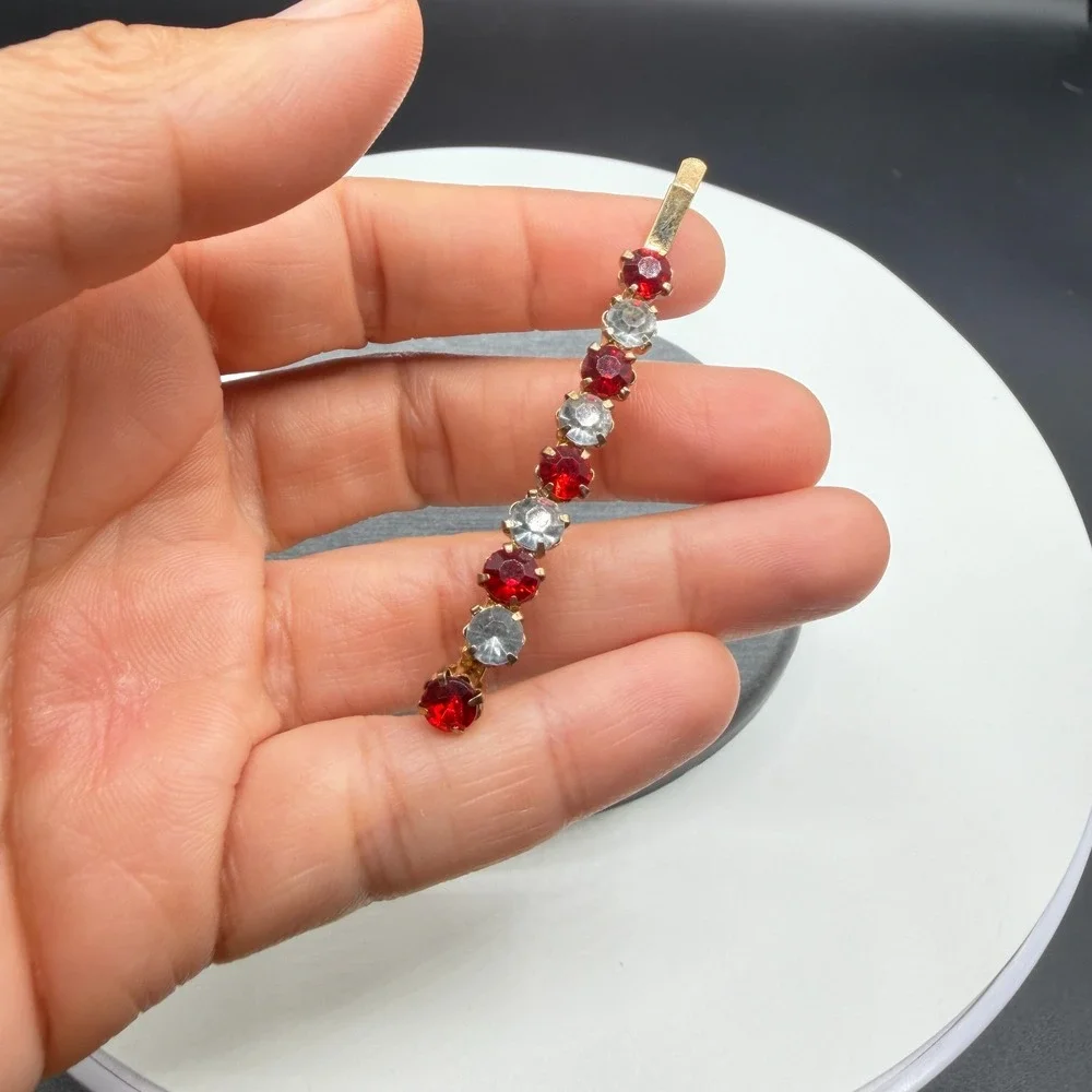 Gold Tone Red Clear Rhinestone Hair Barrette Clip Prong Set Bridal Accessory